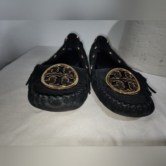 Tory Burch Alexandra Black Suede Leather Logo Driving Moccasin Slipper Sz 7.5 M - Picture 2 of 12